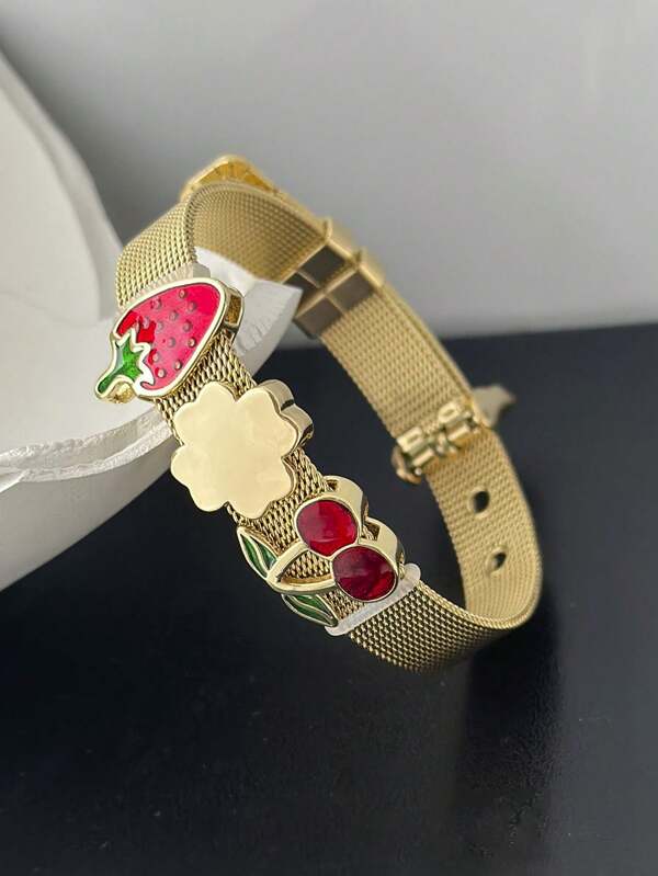 1pc Fashionable And Elegant Stainless Steel Watch Band With Cherry, Strawberry And Heart Charms, Suitable For Women's Daily Wear And Parties