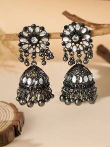 优雅的南亚风格彩色吊坠耳环，镶嵌水滴水钻、流苏饰物、仿珍珠耳饰，适合女性日常佩戴、节日、婚礼和派对、女性礼物