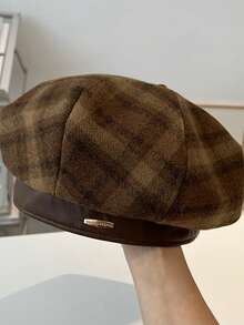 1 pieza Boina octogonal de estilo británico retro a cuadros para mujer, de otoño/invierno, de poliéster, de uso casual - Multicolor - Ver 12