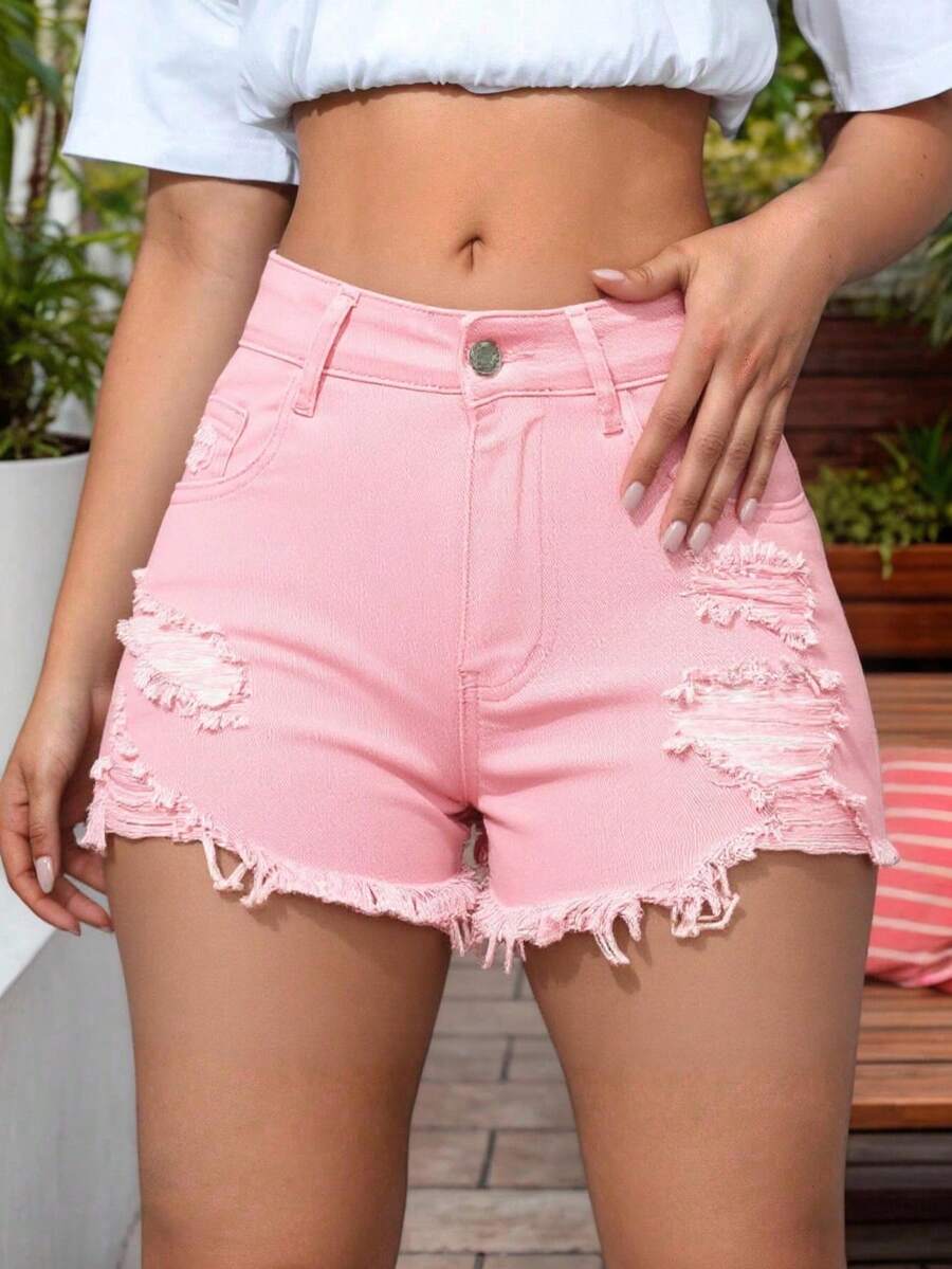 Shorts vaqueros rosados mujer verano, rotos y bordes deshilachados, estilo dulce femenino, pantalones cortos de mezclilla - Rosa - Ver 1