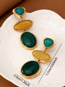 1 对女士时尚吊坠耳环，夸张对比色几何组合复古波西米亚金属风格，百搭日常/礼物，不对称树脂