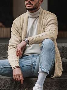 休闲宽松纯色落肩长袖圆领纽扣开衫男女通用毛衣，适合春、秋、冬季穿着。 - 棕色 - 查看 2