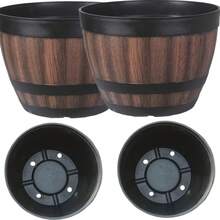 Vintage Whiskey Barrel Planter - Resin Stripe Pattern, Set Of 2 Oval Plastic Planters With Drainage Holes And Trays, Suitable For Herbs And Succulents, Suitable For Indoor And Outdoor Use - 復古中號 - 查看 3
