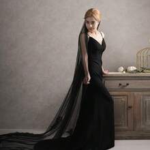 1pc Black Handmade Lace Trim Bridal Veil, Dark Gothic Style Floor Length Cathedral Wedding Dress Accessory Fall Clothes For Women - 黑色 - 查看 4