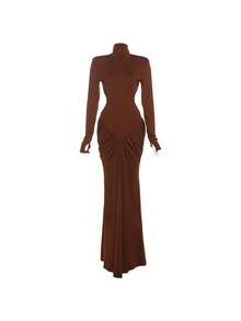 2025 Summer New Women's High-Neck Temperament Slim Sexy Backless Solid Color Long Dress - màu nâu - Xem 3