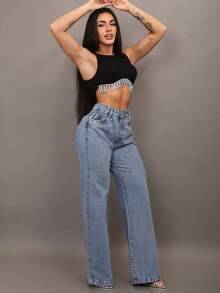 Peg Vest Premium Wide Leg Jeans With Rhinestone Shine And High Waist - Rửa trung bình - Xem 3