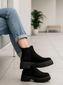 Botines cortos con resortes en los laterales con suela antiderrapante ligera y sueve al tacto moderna para cualquier epoca del año  Preppy    Tela    botines de moda  Exterior - Negro - Ver 1