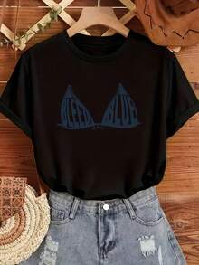 Camiseta manga corta grafico estilo bikini azul texto "bleed blue" cuello redondo estilo moderno casual - Negro - Ver 1