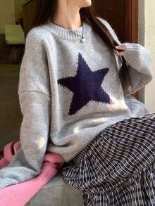 Vestido de fiesta de otoño e invierno de la edición coreana suelta de Vera Lane, blusa de lana con estampado de pentágono negro de unicolor casual para mujer, nueva ropa de invierno, ropa de Año Nuevo y ropa de Acción de Gracias para mujer