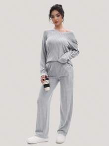 女式长袖 V 领 T 恤针织休闲弹力上衣，带凹槽和拉绒条纹，一件套 - 淺灰色 - 查看 4