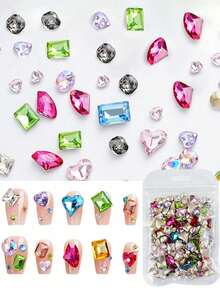 50pcs Glass Geometric Pattern Nail Art Decorations, Multi-Size, Gold-Plated Rhinestones, Synthetic Crystal Geometric Diamonds, Random Color Mix, Nail Art DIY Supplies, Nail Jewelry - Multicolor - View 8