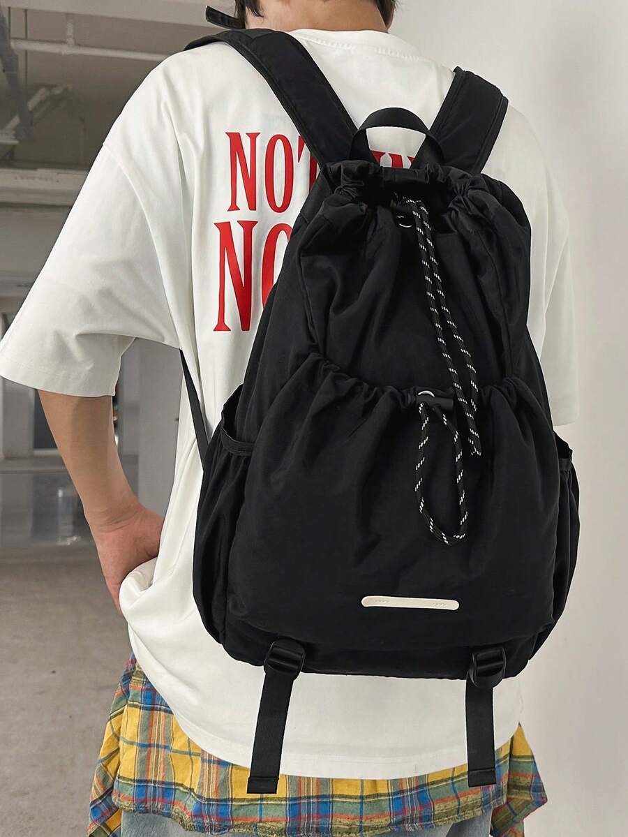 1 件时尚简约纯色大容量可调节肩带抽绳闭合休闲通勤情侣购物轻便尼龙女士背包