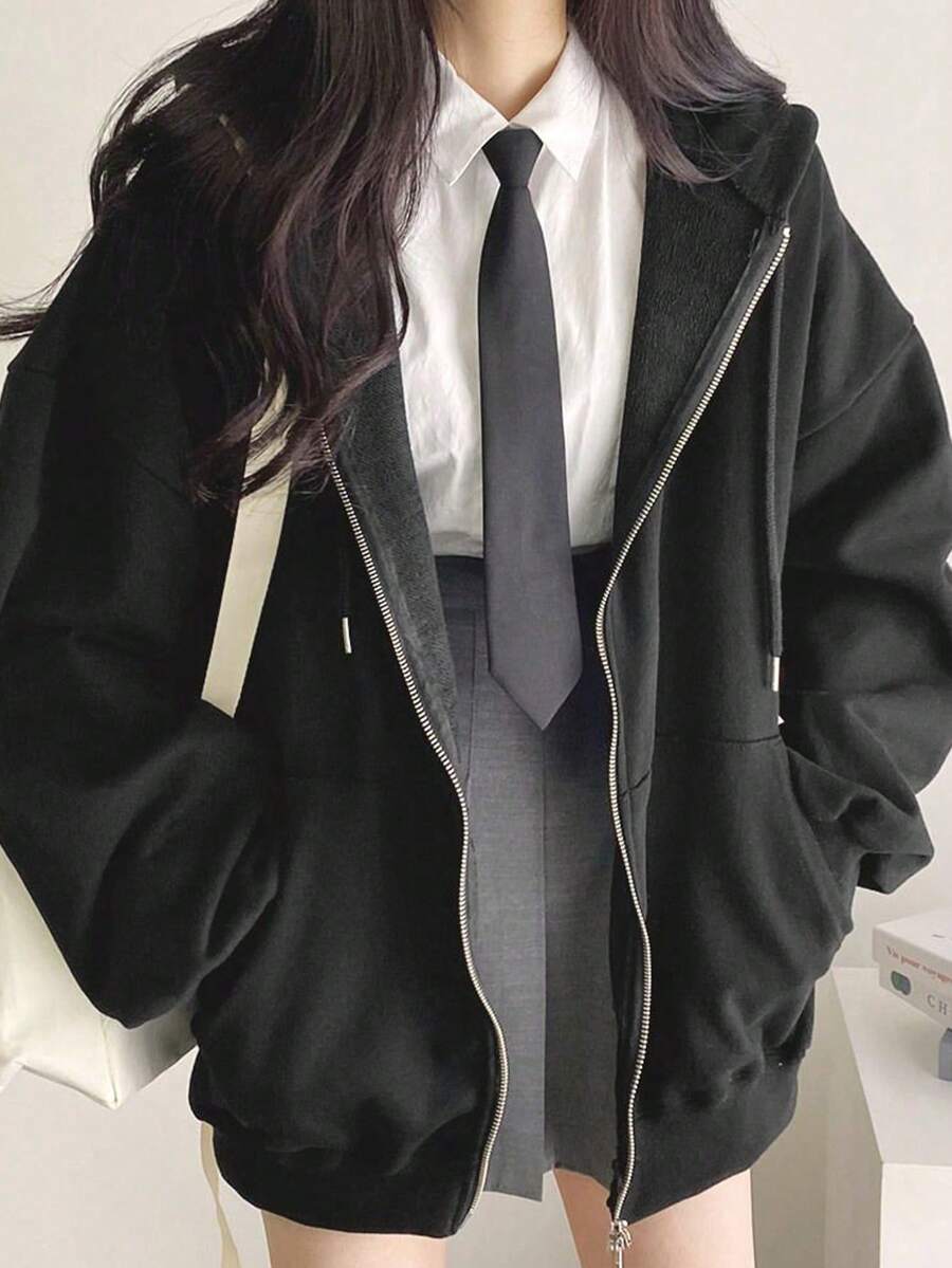 Solid Color Slim Fit Minimalist Loose Warm Lined Long Sleeve Sweatshirt, Suitable For Autumn/Winter - Black - View 1