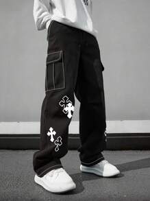 1 paio di pantaloni cargo da uomo multitasche, vestibilità morbida con stampa a croce, adatti per spiaggia, casual, allenamento, sport all'aperto, tutte le stagioni, gamba dritta, stile di moda da strada, regalo per il fidanzato/marito, occasioni speciali, autunno