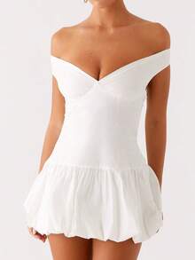 Women's Summer V Neck Off Shoulder Wedding Mini Dresses Backless A Line Puffy Hem Prom Party Gown Y2k Cocktail Bubble Mini Dress - trắng - Xem 1