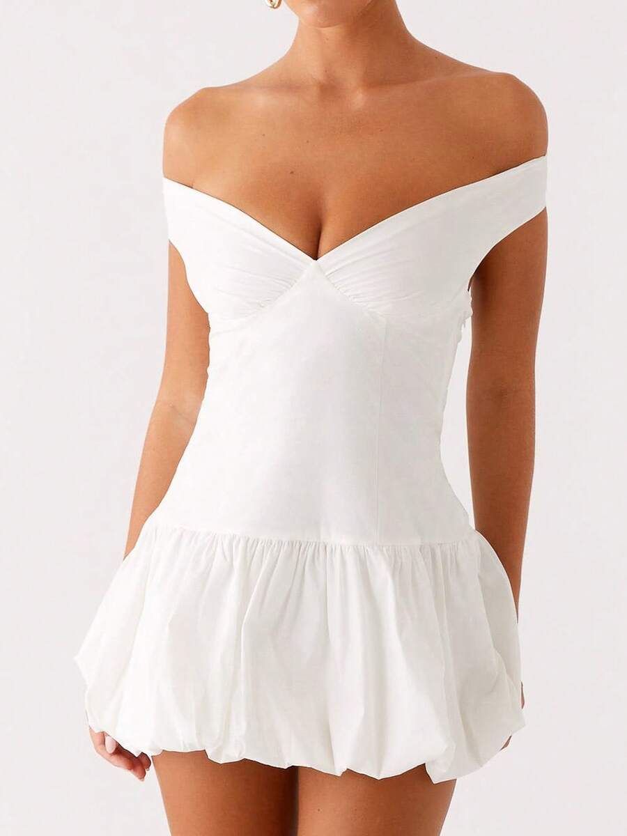 Women's Summer V Neck Off Shoulder Wedding Mini Dresses Backless A Line Puffy Hem Prom Party Gown Y2k Cocktail Bubble Mini Dress - trắng - Xem 1