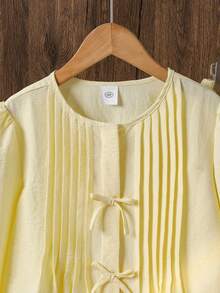 Left Mama Girls Casual Pleated Bow Long Sleeve Top And Straight Leg Pants Set, Spring/Autumn - Yellow - View 3