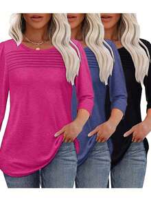 3 件纯色圆领 3/4 袖圆领休闲宽松上衣，女款，春秋季 - 深粉紅+海藍+黑色 - 查看 2