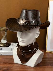 1 Set Includes: 1pc Metal Heart Diamond Cowboy Hat, 1pc Cashew Pattern Scarf, Unisex Elegant & Fashionable, Suitable For Travel, Party, Western Cowboy Theme Party And Daily Use