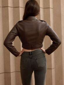 Risissida Women's Fall/Winter Street Wear Faux Leather Cropped Biker Jacket - Asymmetric Zip, Adjustable Belt For Edgy Urban Street Commuting Spring White - Brown - View 5