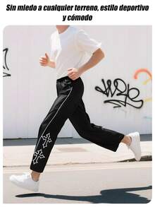 1 pieza Pantalones casuales para hombres con bordado de cruz, con cordón, ribete reflectante, adecuados para uso casual, playa, trabajo, entrenamiento, con ajuste recto relajado para primavera, verano, otoño, invierno, regalo para novio/esposo, regalo conmemorativo, para volver a la escuela - Negro - Ver 4