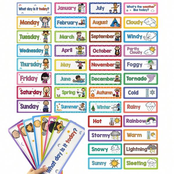 Lachilly 40 PIEZAS Tarjetas de memoria de palabras en inglés sobre el clima, las estaciones, los meses y los días de la semana - Tarjetas educativas Montessori para niños, póster educativo para jardín de infantes, maestros, educación en el hogar y decoración de aula escolar