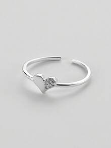 简约 925 纯银，心形，镶嵌锆石，可调节开口，优质戒指，男女通用，银饰，日常佩戴，生日礼物 - 銀色 - 查看 3