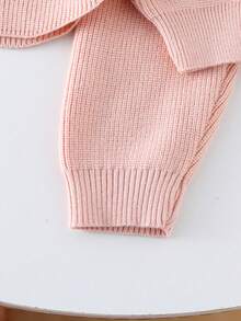 2pcs Sweet & Fashionable Round Neck Knit Top With Polka Dot Embroidery & Solid Color Pants Set For Baby Girls, Faux Button Burgundy Top With Ruffle Hem Pants