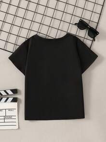 Young Boys Funny Letter & Pixel Chicken Print Short Sleeve T-Shirt - Black - View 2