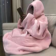 1PACK Super Soft Wearable Hooded Blanket, Comfortable Extra Large Hooded Blanket With  Pocket, Machine Washable, Double-Sided, Christmas Gift - Pink [45-110KG Can Wear] - View 4