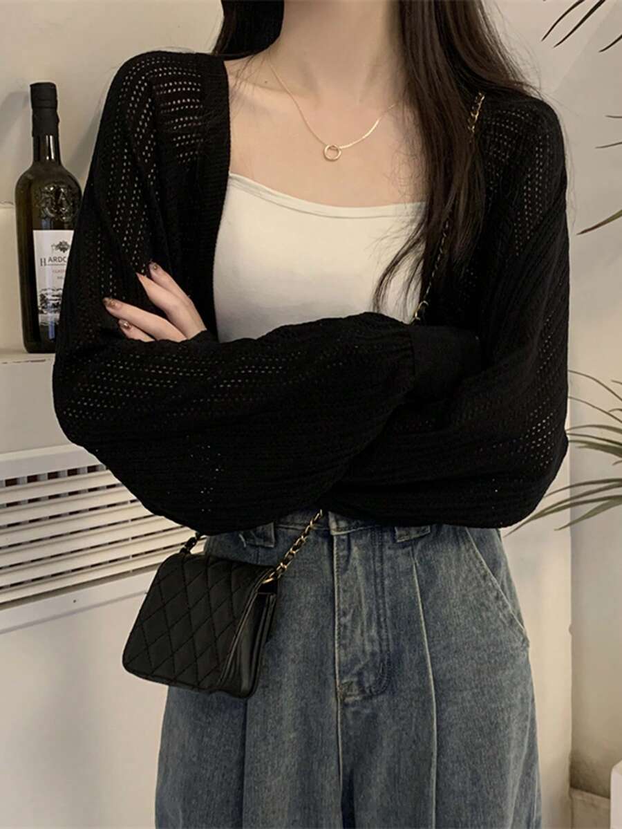 女士针织罩衫，轻薄夏季披肩短款罩衫外套，黑色，春季款 - 黑色 - 查看 1