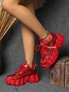 [Please Refer To The Size Chart In The Details] Women's Platform Sneakers, New Glitter Splatter Chunky Shoes, Wave Sole Casual Shoes, Silver Laser Thick Bottom Shoes, Red Sports Shoes, Reflective Letter Pattern Elevated Fashion Sneakers For Women - Red - View 5
