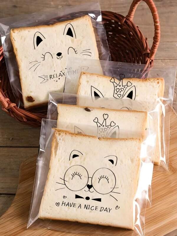 3/100 piezas Bolsas de pan autoadhesivas transparentes con diseño de dibujos animados lindos, bolsas autosellantes con patrón de gato lindo, adecuadas para galletas, pan, dulces y otros empaques de alimentos, bolsas de papel kraft a prueba de aceite para camping, bolsas para tostadas, bolsas para donas, bolsas para bagels, temporada de regreso a la escuela