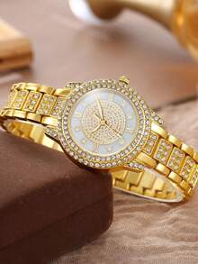 6pcs/Set Fashion Women Watch Elegant Luxury Roman Numeral Dial Alloy Rhinestone Bracelet Jewelry Set Gift For Mom And Girlfriend - Gold - View 2