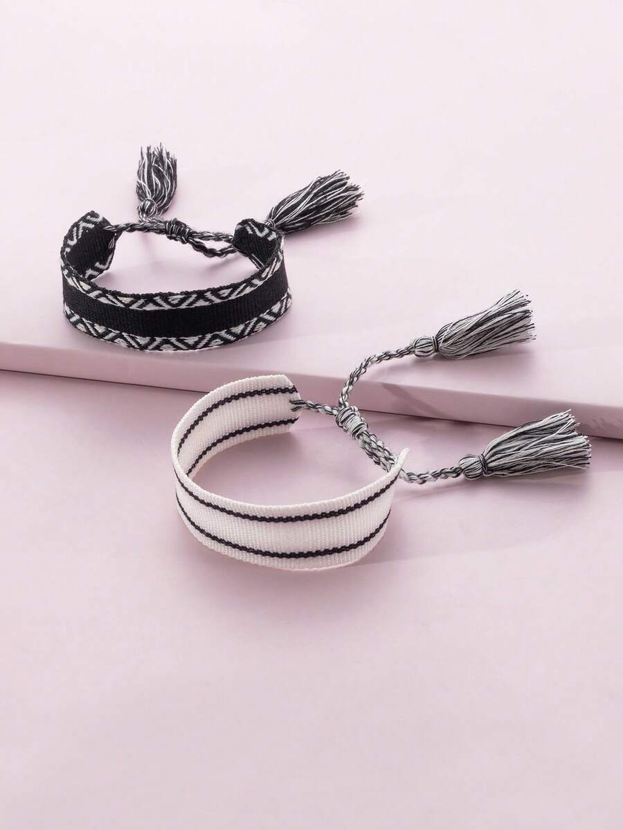 2 件时尚简约编织友谊手链 - 黑與白 - 查看 1