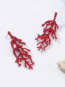 1 par de nuevos pendientes minimalistas con estilo de playa, con diseño de coral rojo en spray para mujeres - Rojo - Ver 6