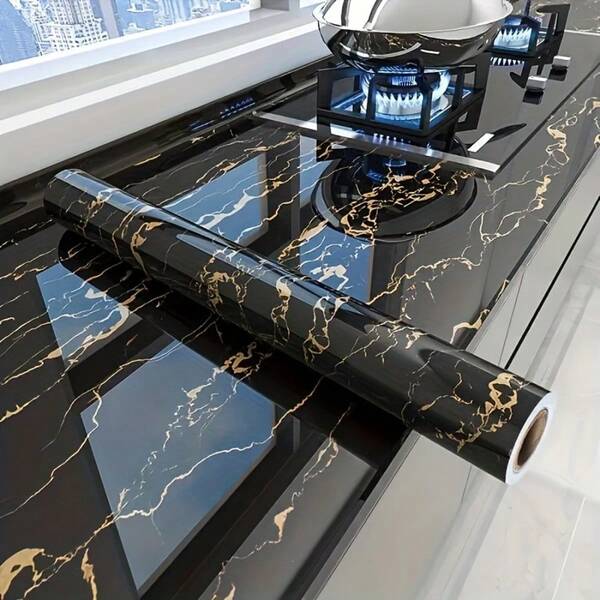 Papel tapiz autoadhesivo de mármol negro, revestimiento de pared, adhesivo grueso y texturizado para paneles de yeso, decoración del hogar impermeable y desmontable, con dimensiones de 23.62 pulgadas x 118.11 pulgadas, adecuado para paredes de la sala de estar, renovación de muebles, encimeras y gabinetes de cocina