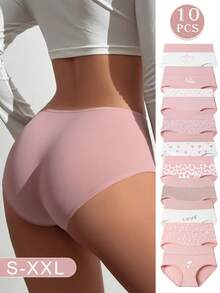 10-Piece Set For Pink Heart Print Autumn And Winter Underwear Women, Soft And Comfortable High Waist Panties For Women Underwear,Available In S-XXL Size, Suitable For Women Of All Body Types High Cotton Underwear,Cute Print Suitable For Women Of All Ages - 粉色 - 查看 5