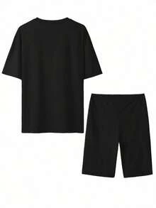 Conjunto de camiseta casual de verano de manga corta holgada para mujeres con shorts, impresión milanocuello redondo milano - Negro - Ver 2