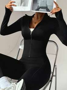 加大码女式运动夹克，裸体瑜伽服全拉链设计圆领修身健身上衣，纯色长袖修身健身休闲衬衫，适合跑步、健身房、瑜伽 - 黑色 - 查看 2