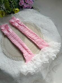 زوج من دفايات الساق المحبوكة بالكابل مع تطريز الدانتيل والفيونكة الوردية لوليتا للنساء، هدية عيد الميلاد - وردي - مشاهدة 6