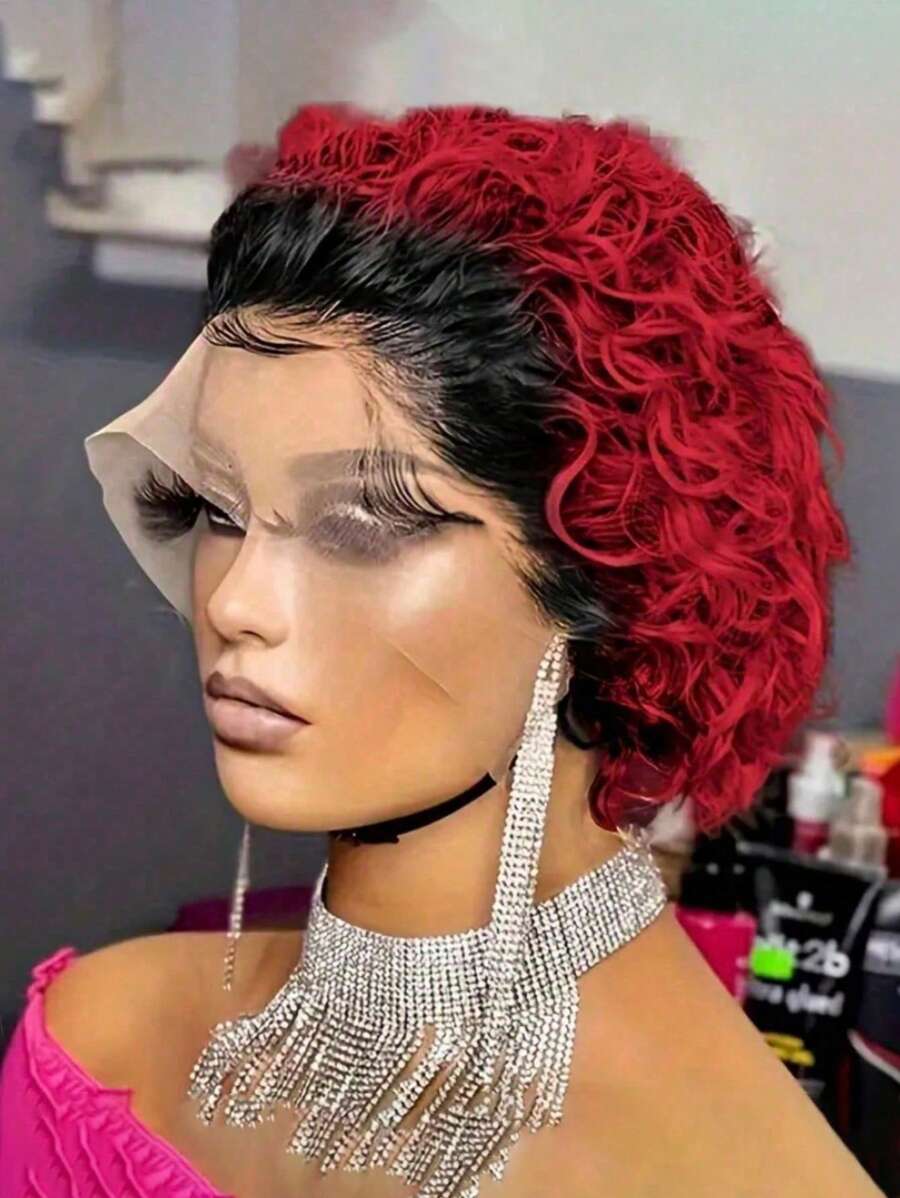 1B/Red 6inch Pixie Cut Wig Human Hair 13x1 Lace Frontal Wigs Human Hair Short Wig - S1/Red - View 1