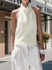 Womens Y2k Satin Backless Halter Tops Solid Color Silk Mock Neck Open Back Sleeveless Crop Tank Top Dressy Casual Summer Slim Fit Vest Shirts Going Out Tops Party Clubwear Streetwear Aesthetic Clothes - Màu be - Xem 1