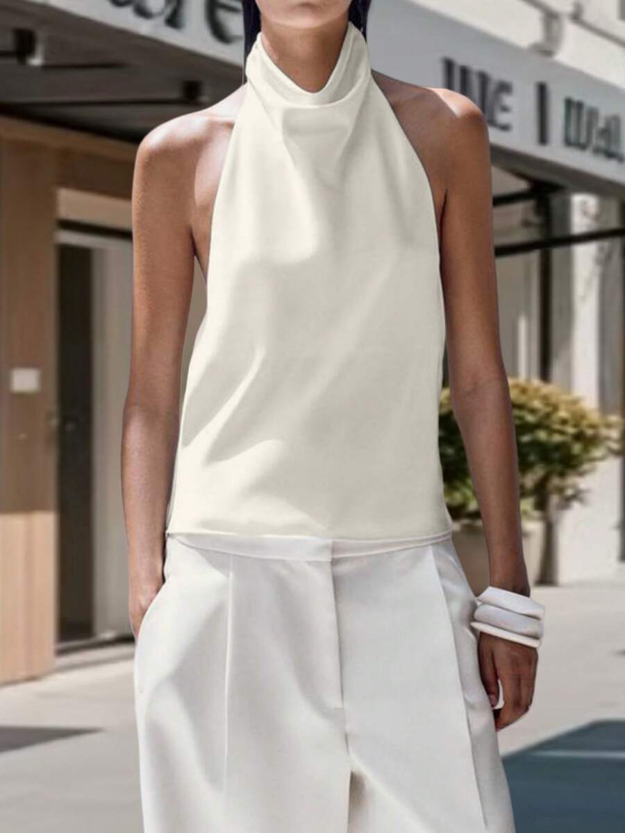 Womens Y2k Satin Backless Halter Tops Solid Color Silk Mock Neck Open Back Sleeveless Crop Tank Top Dressy Casual Summer Slim Fit Vest Shirts Going Out Tops Party Clubwear Streetwear Aesthetic Clothes - Màu be - Xem 1