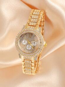 6件套奢华风格女士合金钢表带石英表，镶嵌钻石，三眼罗马数字和合金金首饰套装，心形钻石，适合晚宴派对 - 金色 - 查看 4