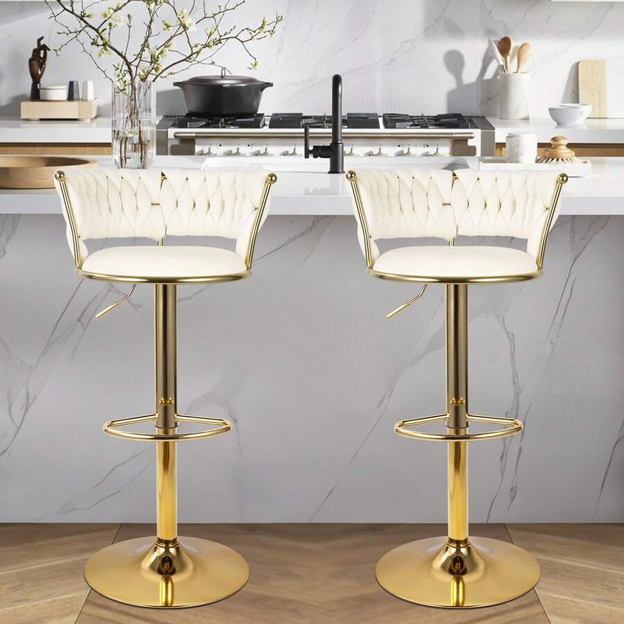 Nalupatio Set Of 2 Luxurious Bar Stools With Velvet Upholstery, Backrest & Footrest – Height Adjustable & Swivel, With Gold Metal Base - Beige - View 1