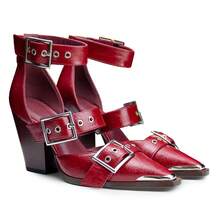 Western Chunky Sandals For Women Pointed Toe Block Heels Faux Leather Metal Buckle Strappy Pumps Ankle Strap Western Sandals - Màu Đỏ Sâu - Xem 8