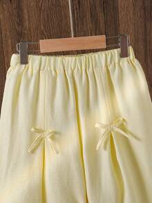 Left Mama Girls Casual Pleated Bow Long Sleeve Top And Straight Leg Pants Set, Spring/Autumn - Yellow - View 6