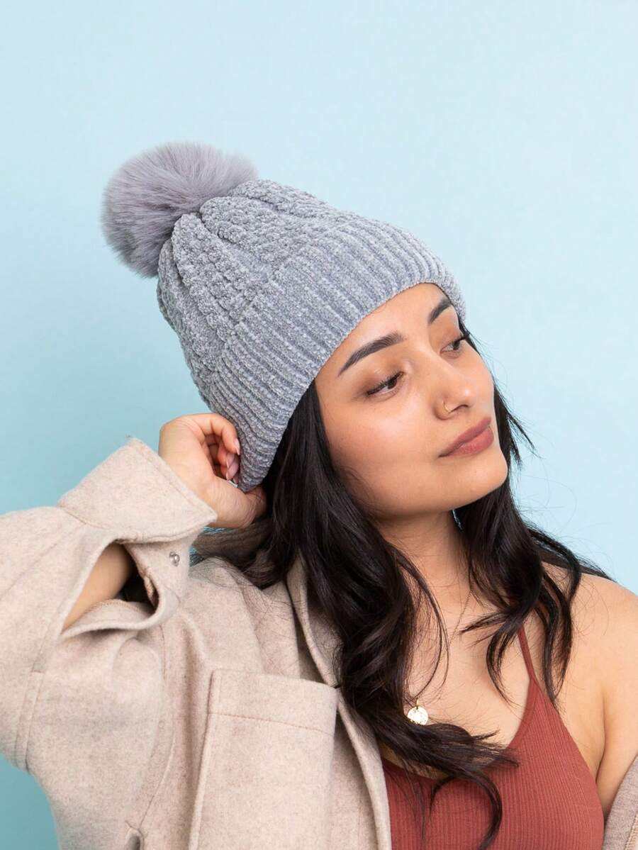 Velvet Cable Knit Pom Beanie – Soft & Stylish Winter Look - L. Gray - View 1