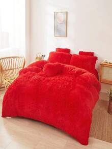 Bright Red Plush Duvet Cover - Eye Catching, Romantic Bed Choice Duvet Cover 3/4 Piece Set -1/2 Pillowcase+1 Duvet Cover, 1 Heart-Shaped Pillow, Twin Bed, Large Size, Extra Large Size (Excluding Pillowcase Core) - Warm And Comfortable, Perfect For Relaxation - 紅色 - 查看 6